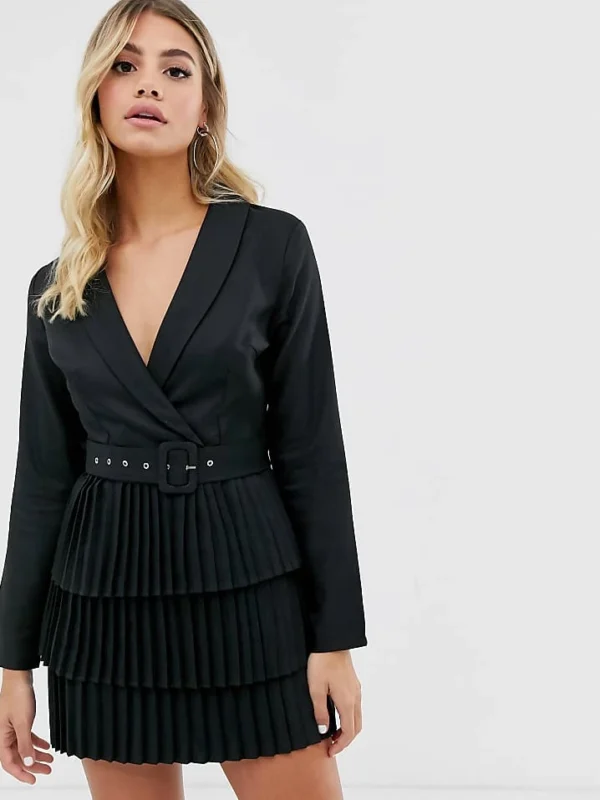 In The Style Plunge Front Blazer Dress With Pleated Skirt In Black For Women