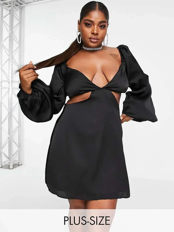In The Style Plus X Yasmin Chanel Satin Cut Out Volume Sleeve Skater Dress In Black For Women