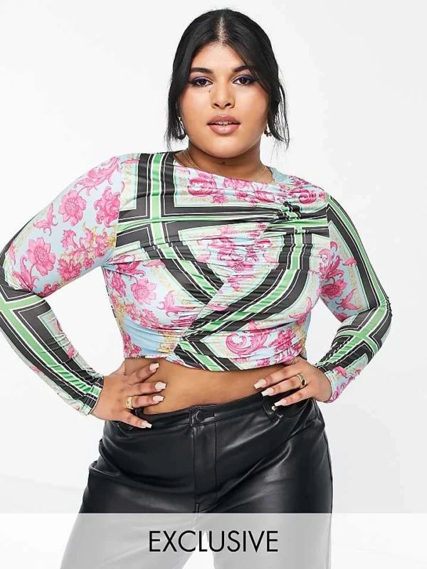 In The Style Plus X Liberty Exclusive Ruched Long Sleeve Crop Top Co-ord In Multi Floral For Women