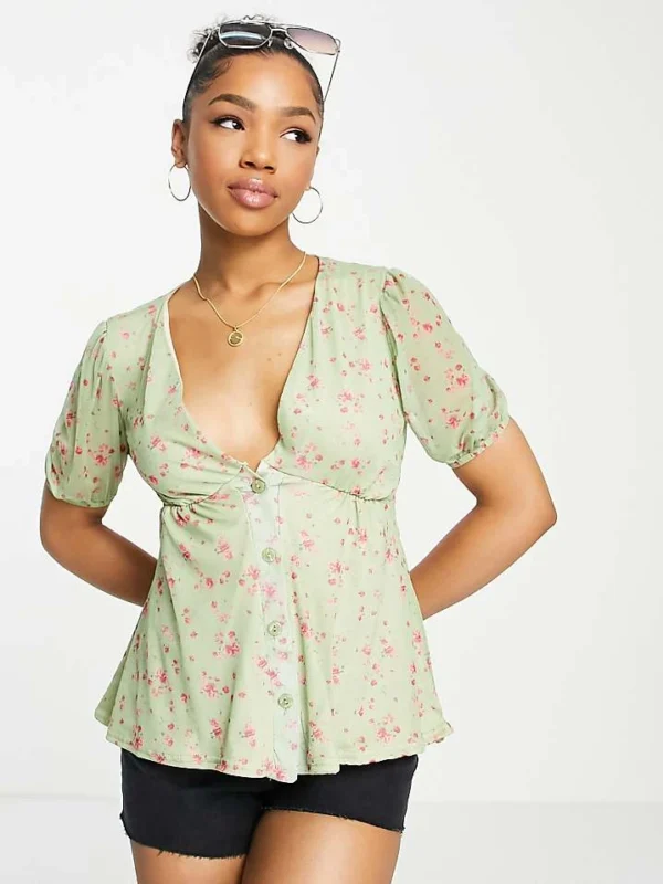In The Style X Perrie Sian Puff Sleeve Button Front Blouse In Lime Floral Print For Women Multi