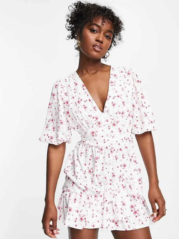 In The Style X Perrie Sian Puff Sleeve Frill Wrap Detail Mini Dress In White Ditsy Print For Women Multi