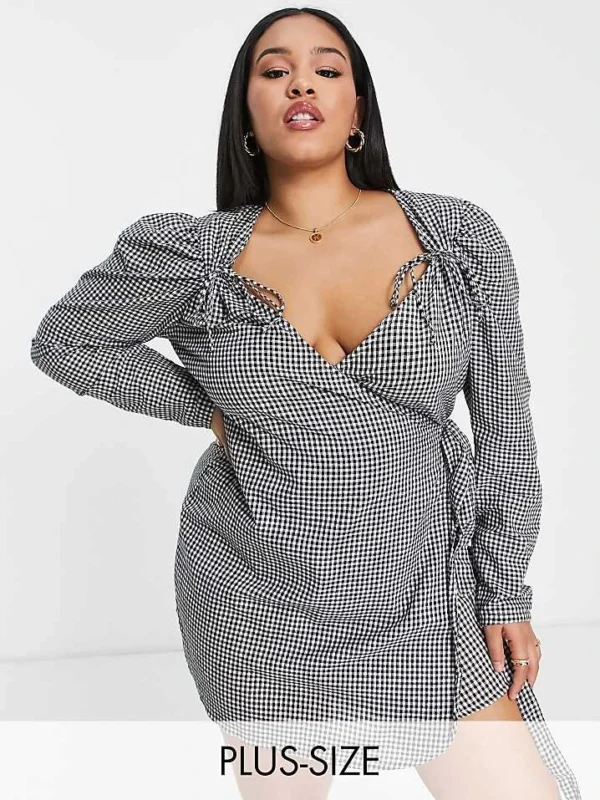 In The Style Plus X Perrie Sian Puff Shoulder Detail Asymmetric Tie Side Mini Dress In Gingham Print For Women Multi