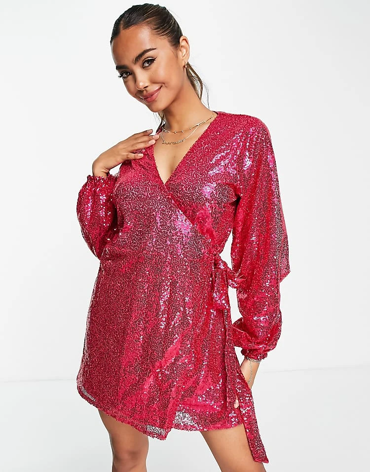 In The Style Exclusive Sequin Wrap Detail Mini Dress In Cerise Pink For Women 1 In The Style Exclusive Sequin Wrap Detail Mini Dress In Cerise Pink For Women