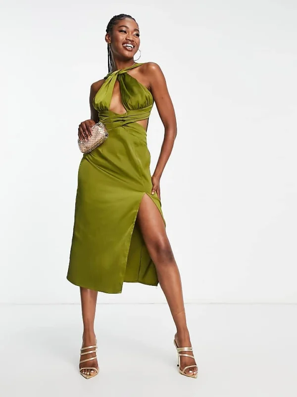 In The Style X Yasmin Devonport Exclusive Twist Halterneck Cut Out Midi Dress In Lime For Women
