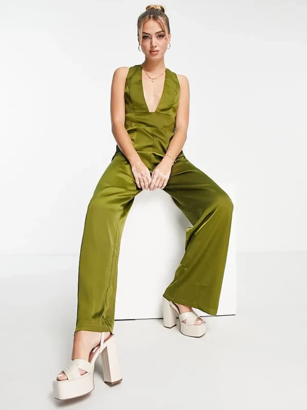 In The Style X Yasmin Devonport Exclusive Plunge Front Wide Leg Jumpsuit In Lime For Women