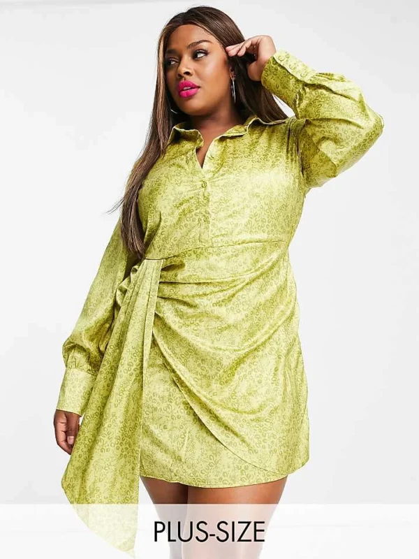 In The Style Plus X Perrie Sian Mini Shirt Dress With Wrap Detail In Chartreuse Animal Print For Women Leopard