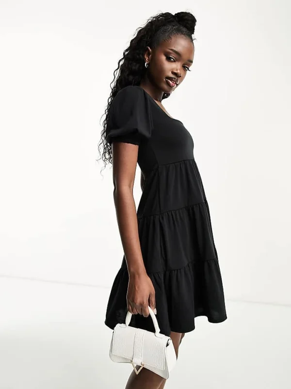 In The Style Exclusive Tiered Mini Dress With Shirred Back Detail In Black For Women