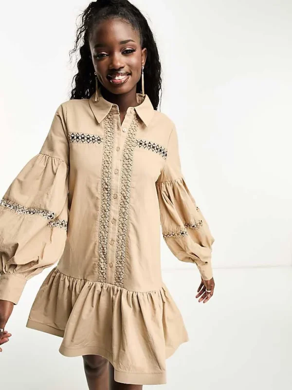 In The Style Lace Insert Shirt Dress With Peplum Hem In Stone For Women