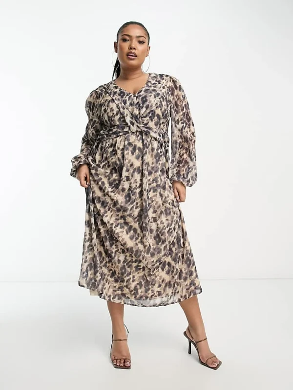 In The Style Plus Chiffon Twist Detail Midi Dress With Volume Sleeves In Leopard Print For Women Multi