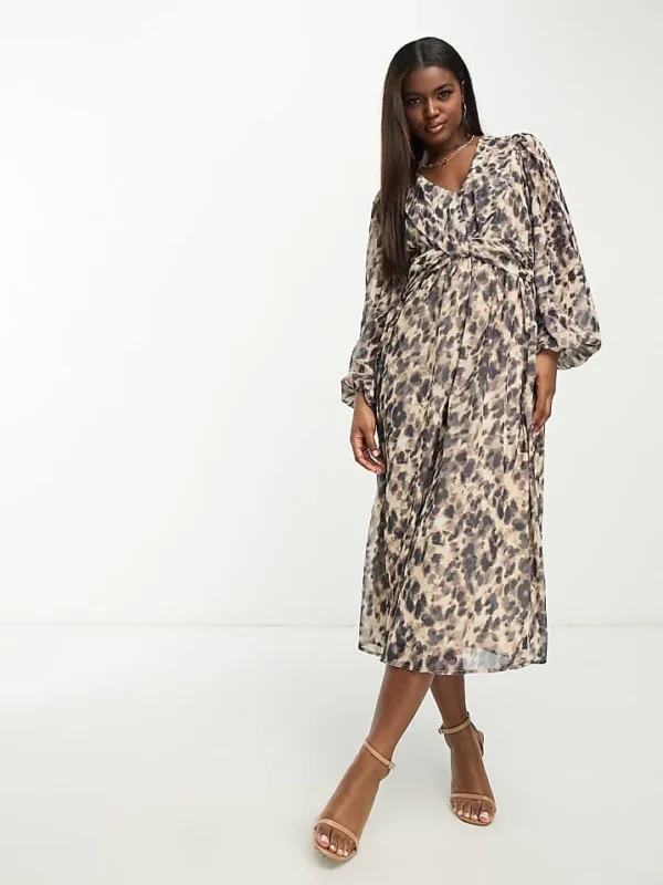 In The Style Chiffon Twist Detail Midi Dress With Volume Sleeves In Leopard Print For Women Multi