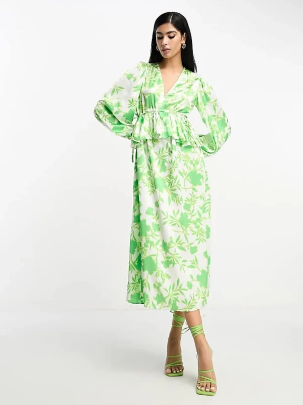 In The Style Exclusive V Neck Ruffle Waist Midi Dress In Green Floral For Women