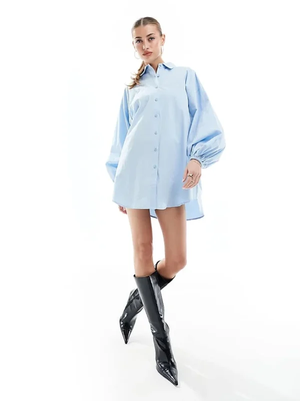 In The Style Extreme Balloon Sleeve Shirt Mini Dress In Blue For Women