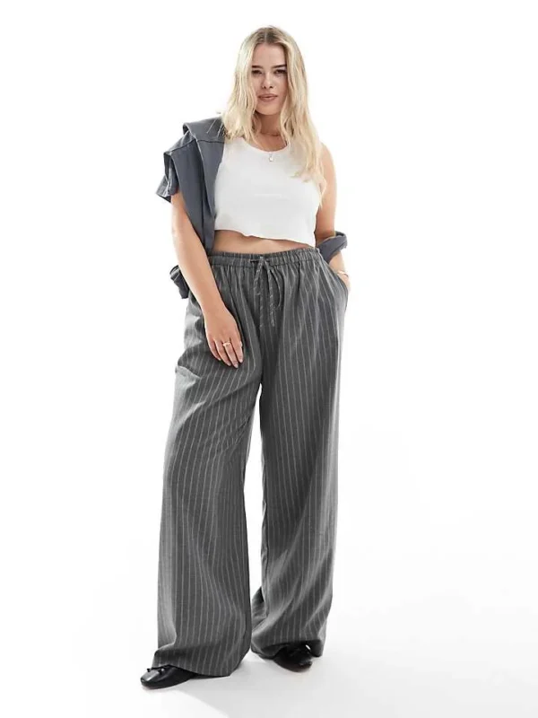 In The Style Plus X Perrie Sian Exclusive Wide Leg Drawstring Trouser In Grey Pinstripe For Women