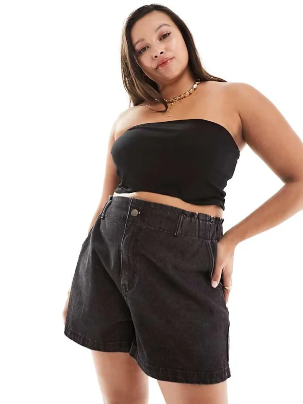 In The Style Plus Exclusive Elasticated Waist Denim Paperbag Short In Black For Women