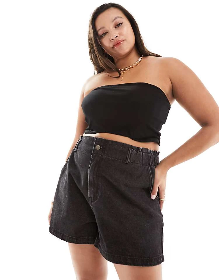 In The Style Plus Exclusive Elasticated Waist Denim Paperbag Short In Black For Women 1 In The Style Plus Exclusive Elasticated Waist Denim Paperbag Short In Black For Women