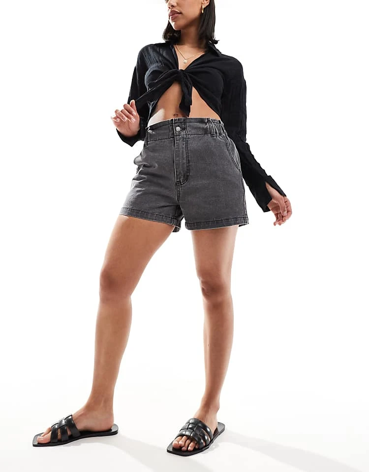 In The Style Elasticated Waist Denim Paperbag Short In Grey For Women 4 In The Style Elasticated Waist Denim Paperbag Short In Grey For Women - Image 4