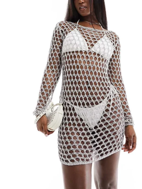 In The Style Metallic Crochet Long Sleeve Scoop Back Mini Beach Dress In Silver For Women