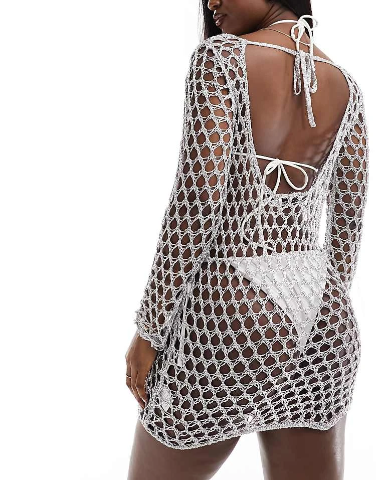 In The Style Metallic Crochet Long Sleeve Scoop Back Mini Beach Dress In Silver For Women 3 In The Style Metallic Crochet Long Sleeve Scoop Back Mini Beach Dress In Silver For Women - Image 3