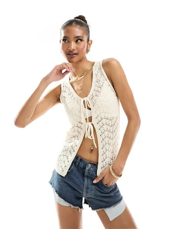 In The Style X Hannah Brown Crochet Tie Front Waistcoat In Cream For Women