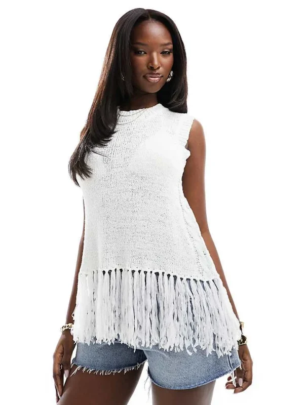 In The Style Knitted Sleeveless Tassel Hem Top In White For Women