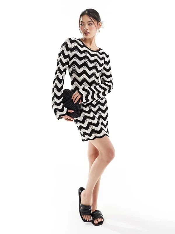 In The Style Crochet Bell Sleeve Mini Beach Dress In Cream & Black Chevron Print For Women