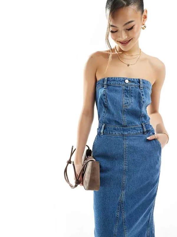 In The Style Denim Bandeau Midaxi Dress In Blue For Women