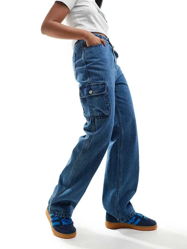In The Style Denim Cargo Pocket Belt Detail Jeans In Blue For Women