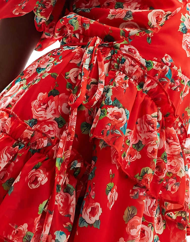 In The Style Chiffon Frill Wrap Mini Dress In Rose Floral Print For Women Multi 3 In The Style Chiffon Frill Wrap Mini Dress In Rose Floral Print For Women Multi - Image 3