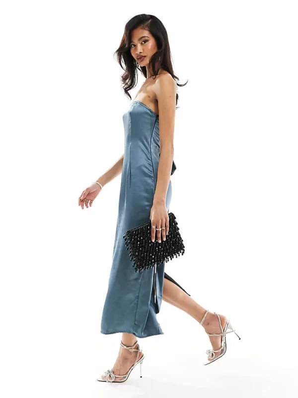 In The Style Bandeau Satin Bow Detail Midi Dress In Slate Grey For Women