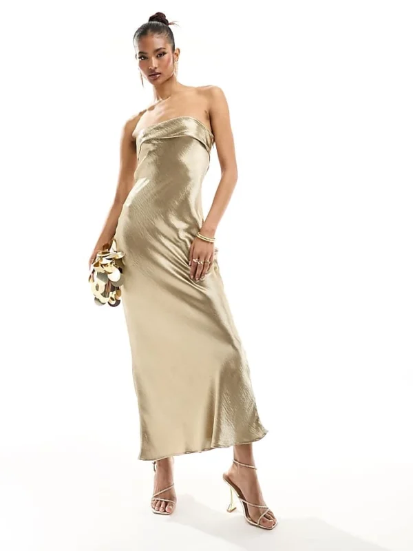 In The Style Liquid Satin Bandeau Cut Out Back Maxi Dress In Gold For Women