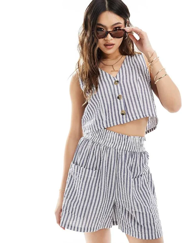 In The Style X Jenny Mogey Elasticasted Waist Pocket Detail Boxer Shorts Co-ord In Blue Stripe For Women