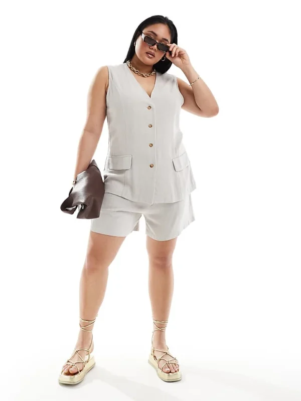 In The Style Plus Linen Tailored Short Co-ord In Stone For Women