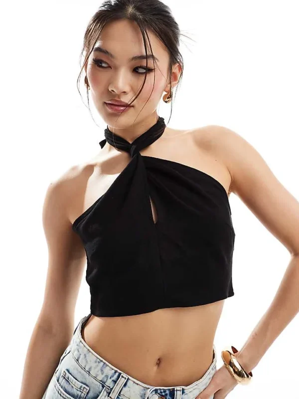In The Style Halterneck Wrap Front Crop Top In Black For Women