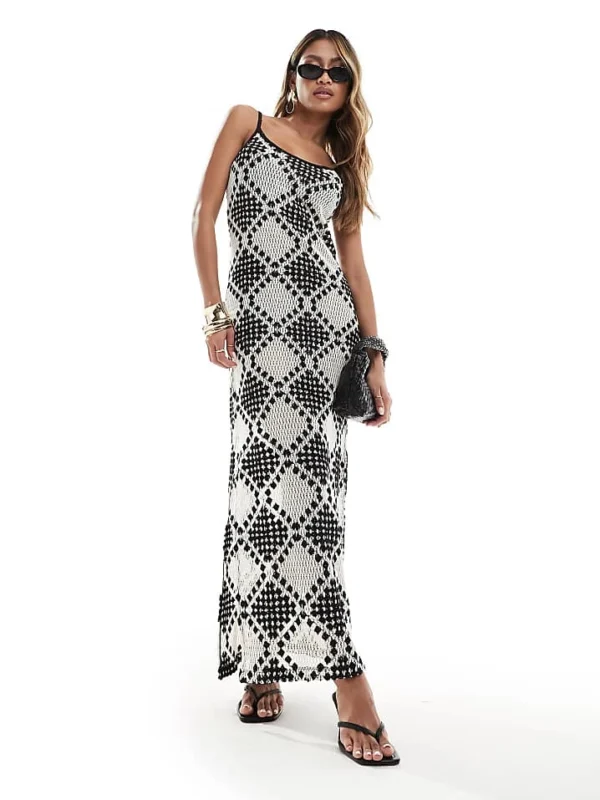 In The Style Crochet Cami Maxi Dress In Black And White Patchwork For Women Mono
