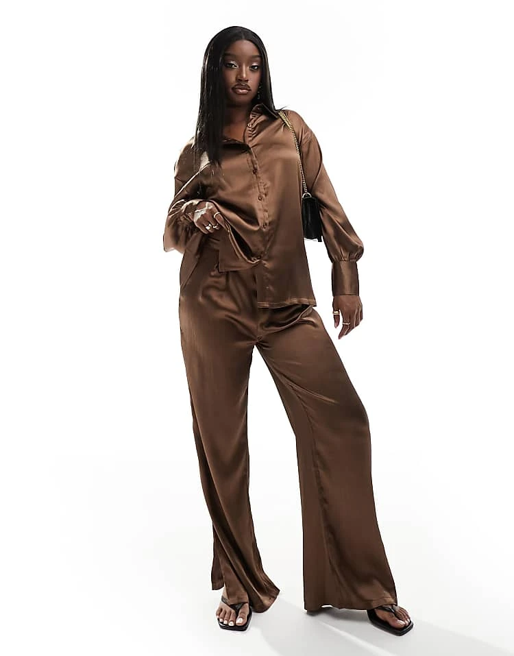 In The Style Satin Wide Leg Trouser Co-ord In Chocolate For Women 6 In The Style Satin Wide Leg Trouser Co-ord In Chocolate For Women - Image 6