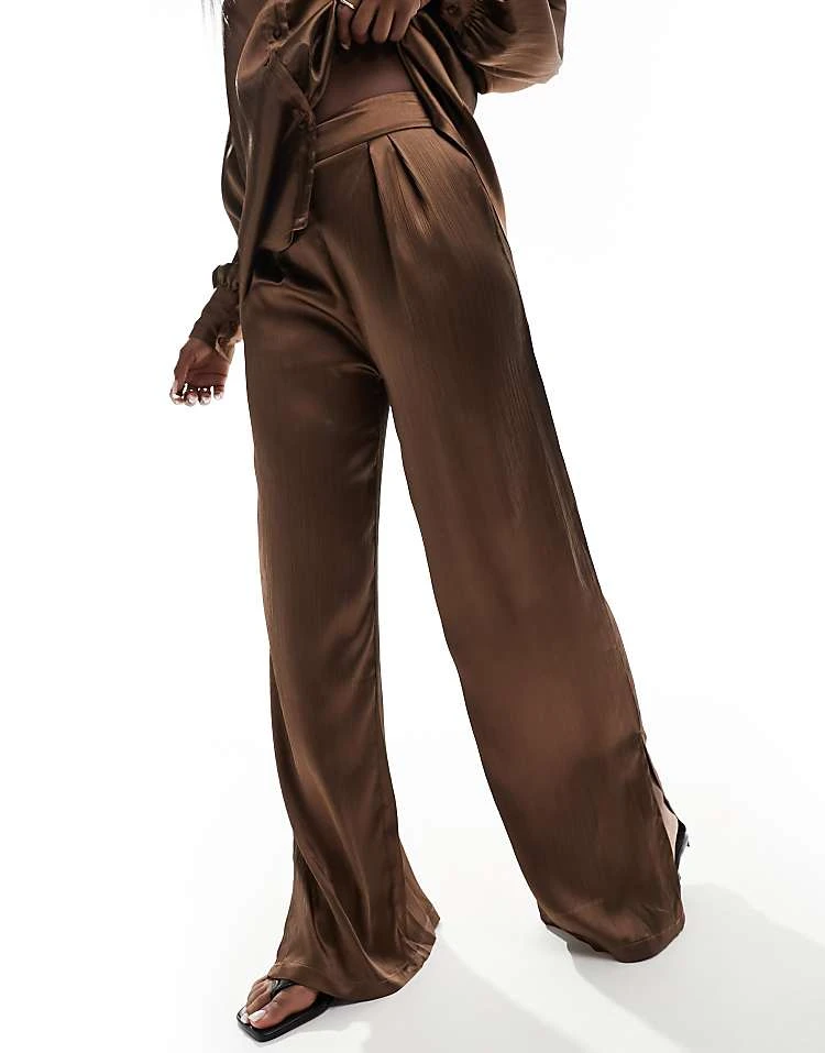 In The Style Satin Wide Leg Trouser Co-ord In Chocolate For Women 4 In The Style Satin Wide Leg Trouser Co-ord In Chocolate For Women - Image 4