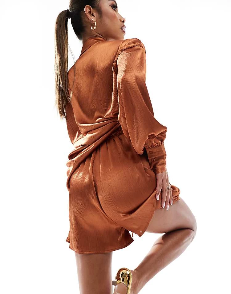 In The Style Satin Drawstring Short Co-ord In Rust For Women 4 In The Style Satin Drawstring Short Co-ord In Rust For Women - Image 4