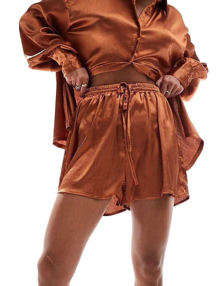 In The Style Satin Drawstring Short Co-ord In Rust For Women 5 In The Style Satin Drawstring Short Co-ord In Rust For Women - Image 5
