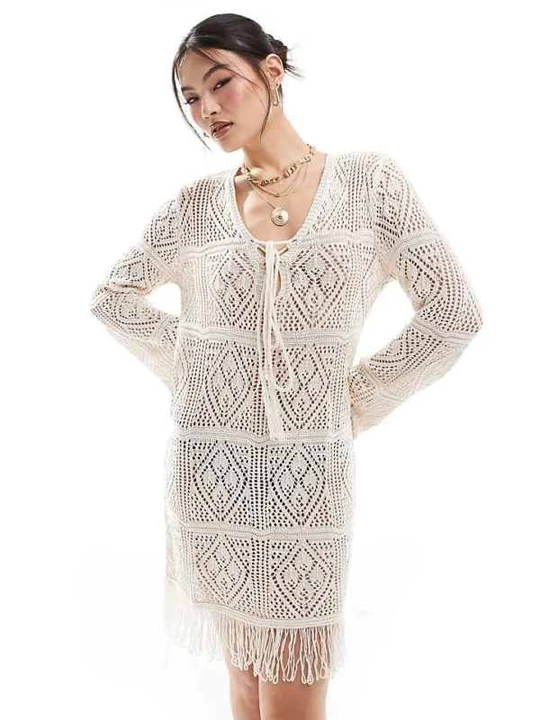 In The Style V Neck Tie Detail Tassel Hem Crochet Mini Beach Dress In Beige For Women