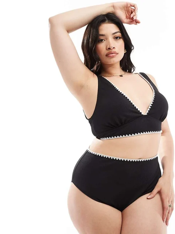 In The Style Plus Contrast Stitch Bikini Top Co-ord In Black For Women