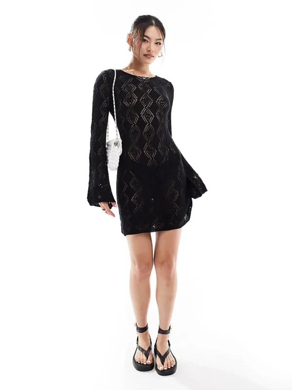 In The Style Exclusive Crochet Bell Sleeve Mini Beach Dress In Black For Women