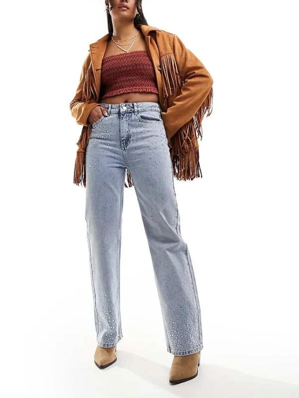 In The Style Denim Diamante Detail Wide Leg Jeans In Light Blue Wash For Women