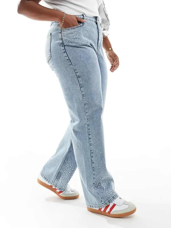 In The Style Plus Diamante Detail Wide Leg Jeans In Light Blue For Women