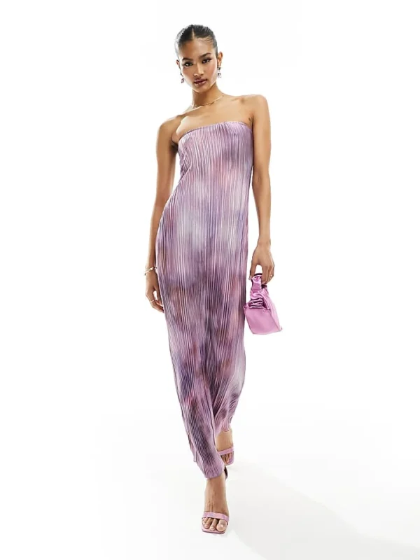 In The Style Exclusive Bandeau Plisse Maxi Dress In Purple Print For Women Purple Multi