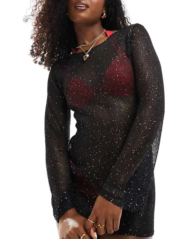In The Style X Perrie Sian Fine Knit Sequin Mini Beach Dress In Black For Women