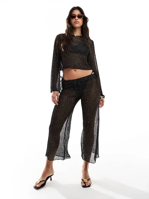 In The Style X Perrie Sian Sequin Crochet Wide Leg Beach Trousers Co-ord In Black For Women