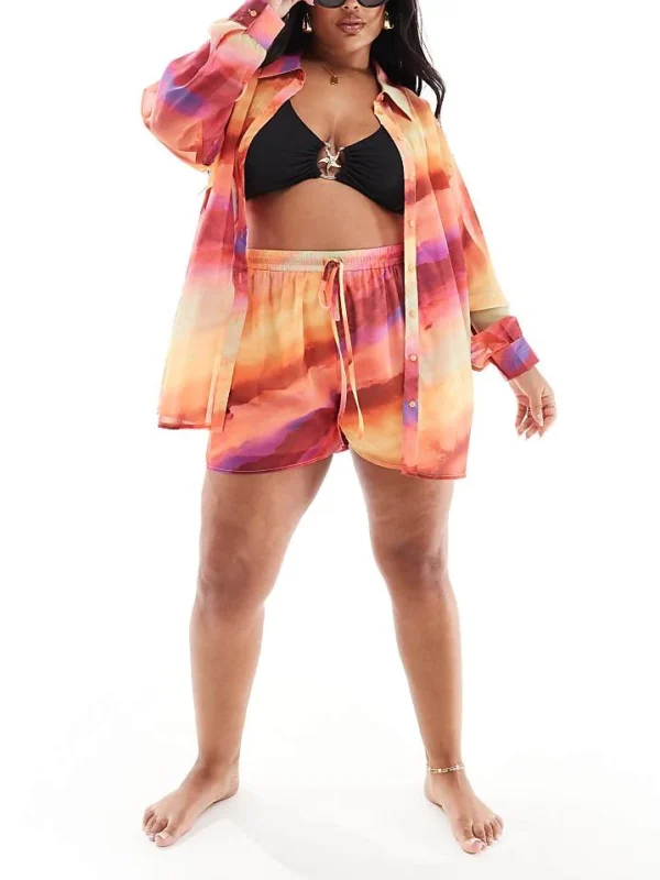 In The Style Plus X Semi Sheer Perrie Sian Beach Shorts In Orange Ombre For Women Orange Print