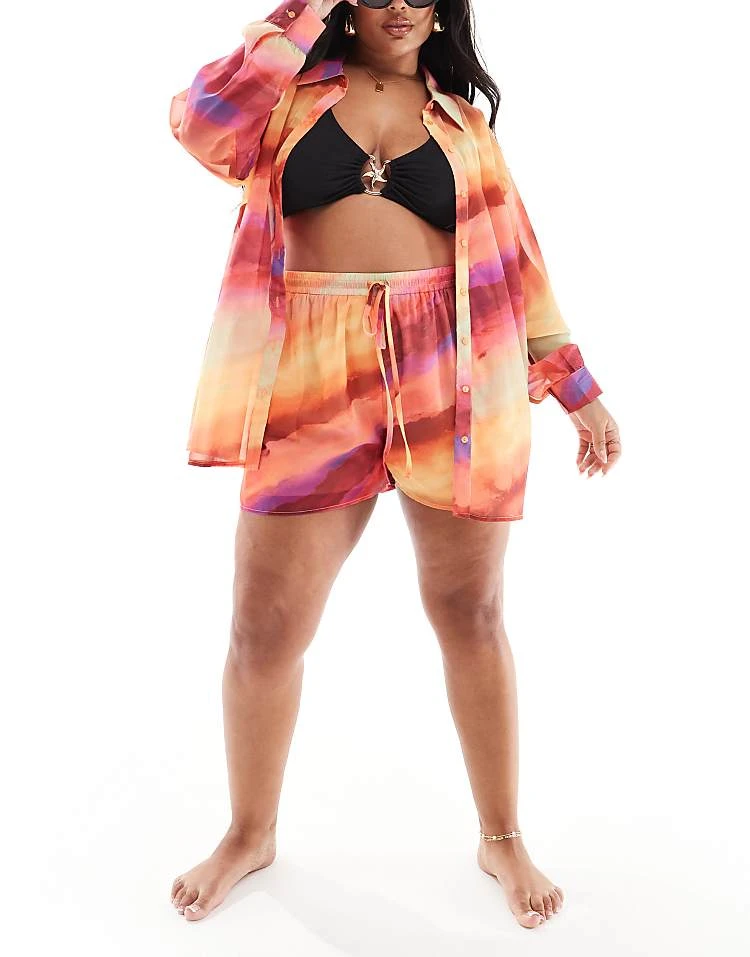 In The Style Plus X Semi Sheer Perrie Sian Beach Shorts In Orange Ombre For Women Orange Print 1 In The Style Plus X Semi Sheer Perrie Sian Beach Shorts In Orange Ombre For Women Orange Print