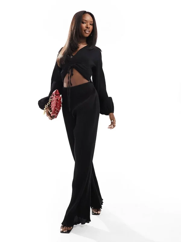 In The Style Plisse Top And Wide Leg Trouser Co-ord In Black
