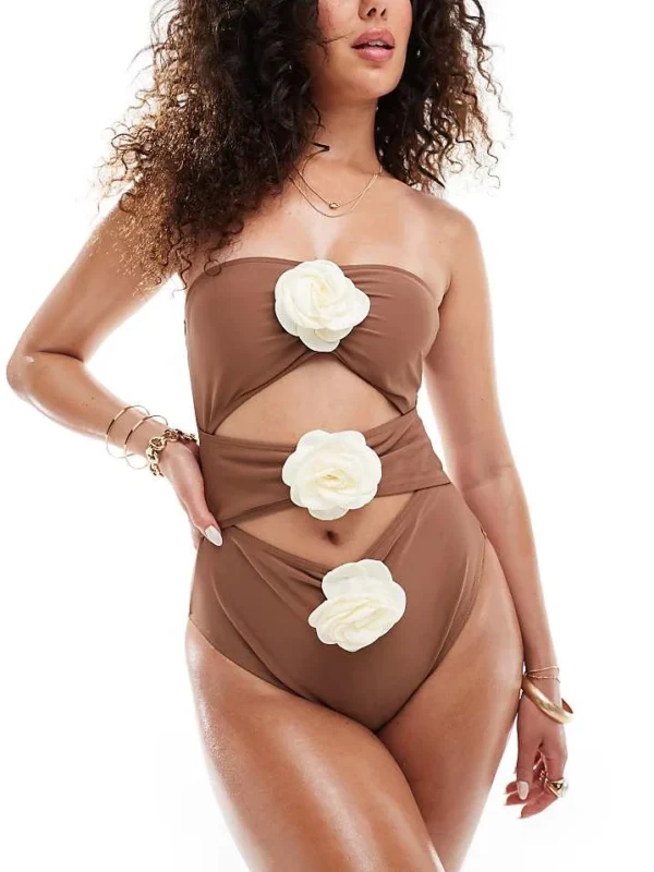 In The Style Exclusive Bandeau Cut Out Contrast Corsage Swimsuit In Chocolate Brown For Women Pecan